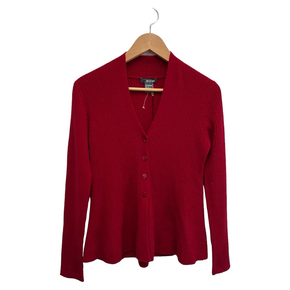 Griffen 100% Cashmere Ribbed Fit & Flare Button Front Red Cardigan Sweater S NWT